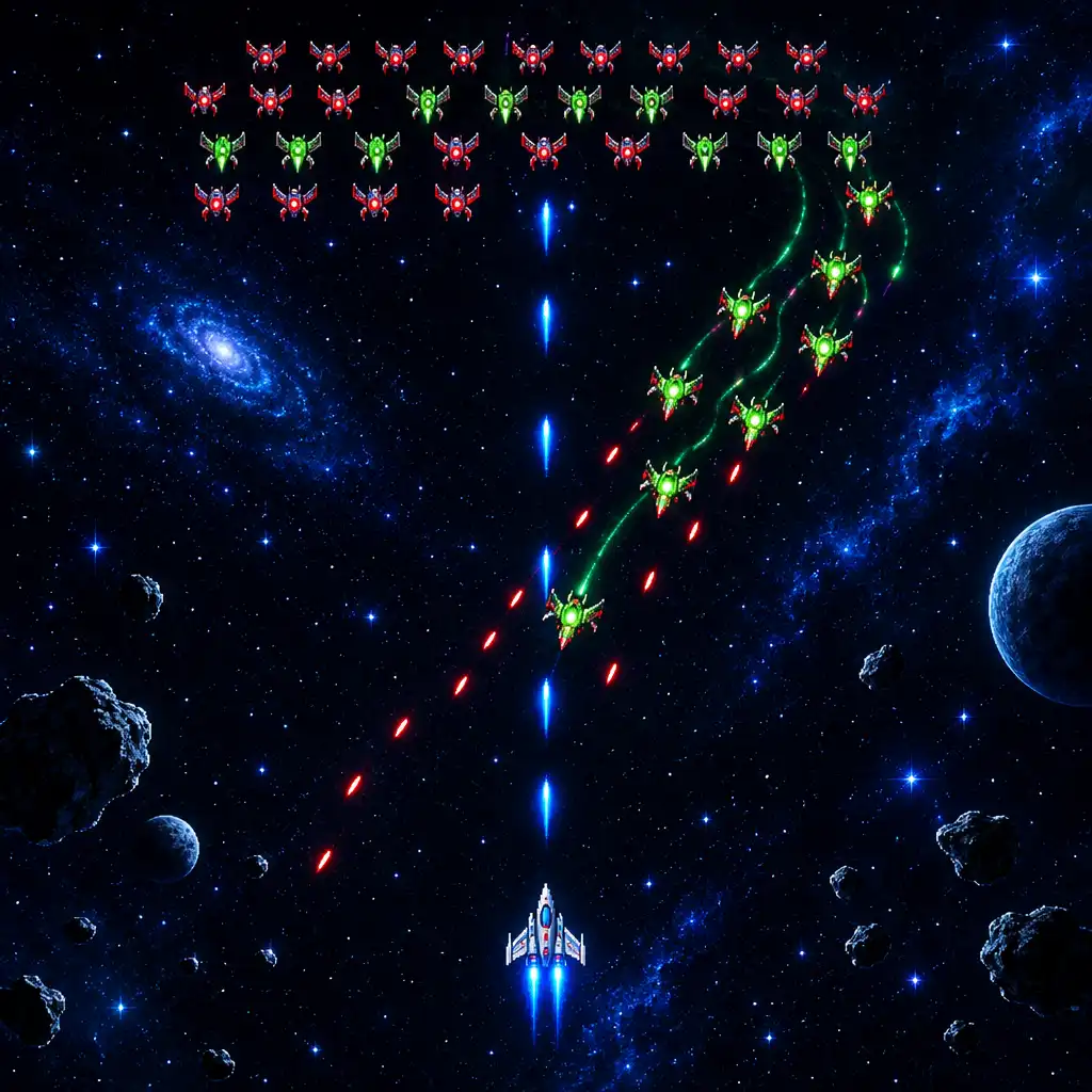 Galaga Wars-style space battle showing alien attackers on diagonal diving paths above a player ship