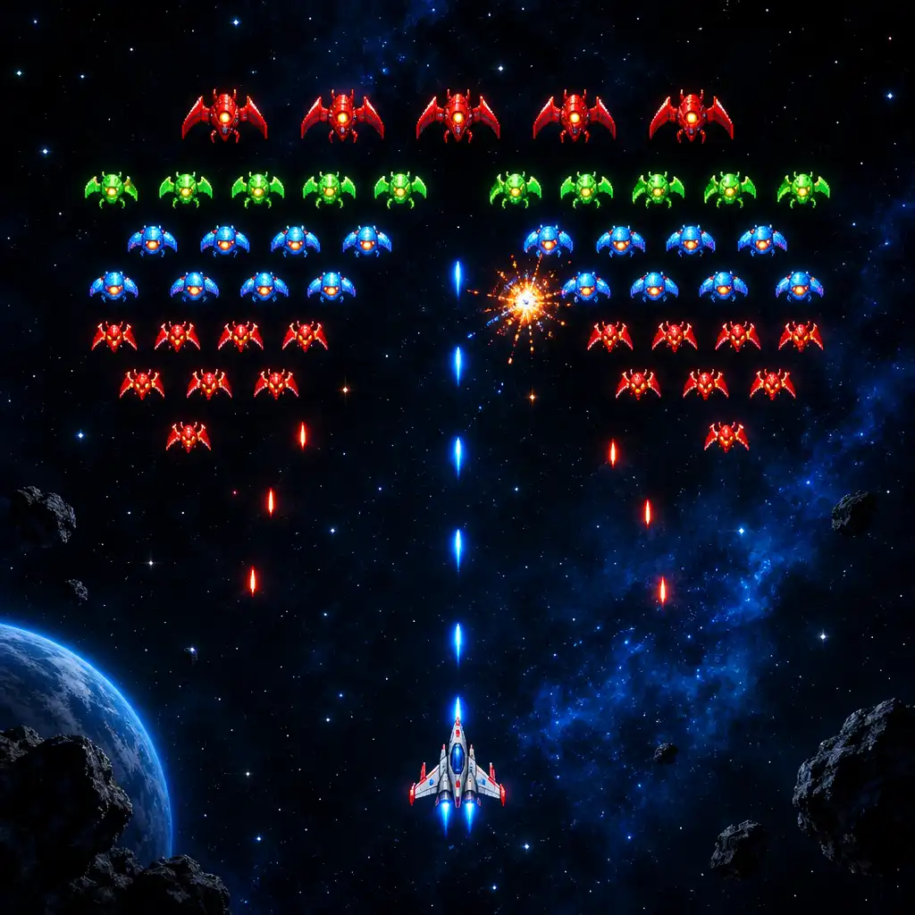 Galaga Wars-style arcade battlefield with several colourful alien groups and a player ship below