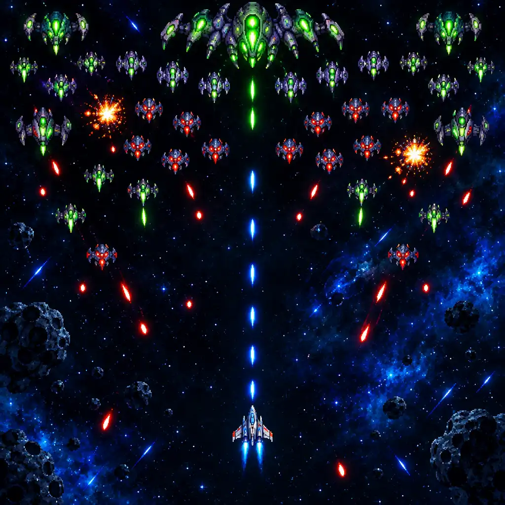 Portrait Galaga Wars-style gameplay image with dense alien activity and a clear movement zone near the player ship