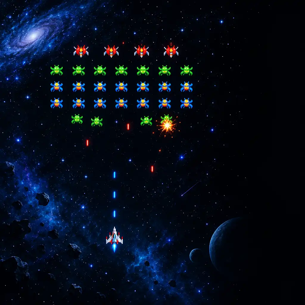 Galaga Wars gameplay with a player ship below an alien formation