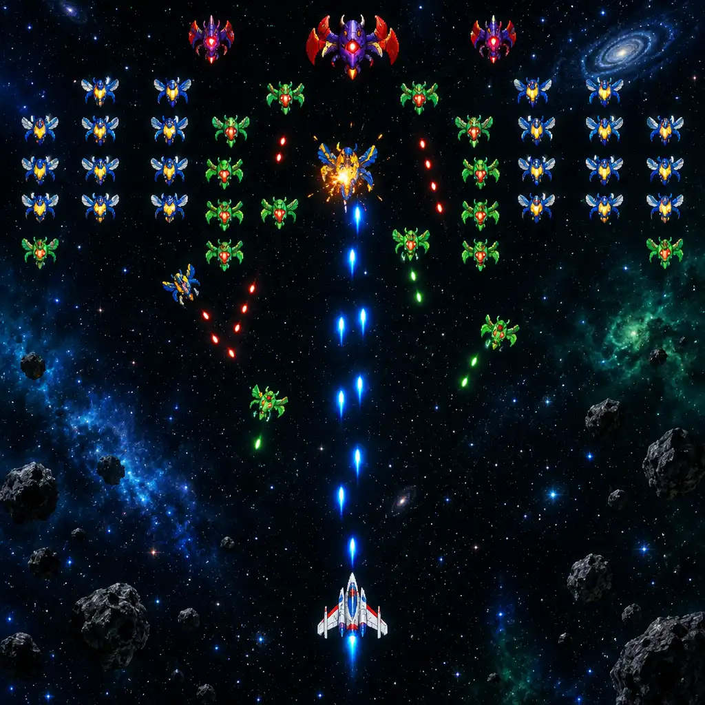 Galaga Wars battle gameplay with a player ship firing through a dense alien formation