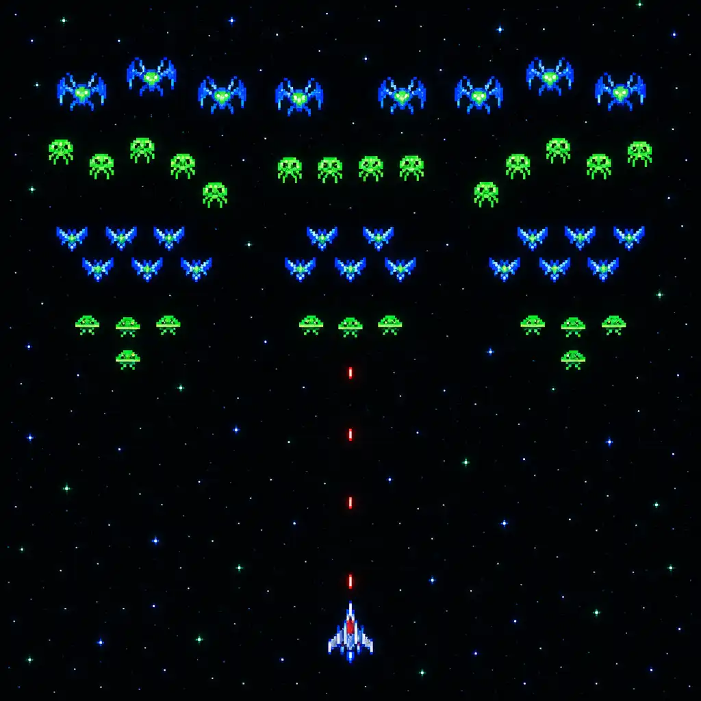Several staggered alien groups leave visible gaps above a player starfighter.