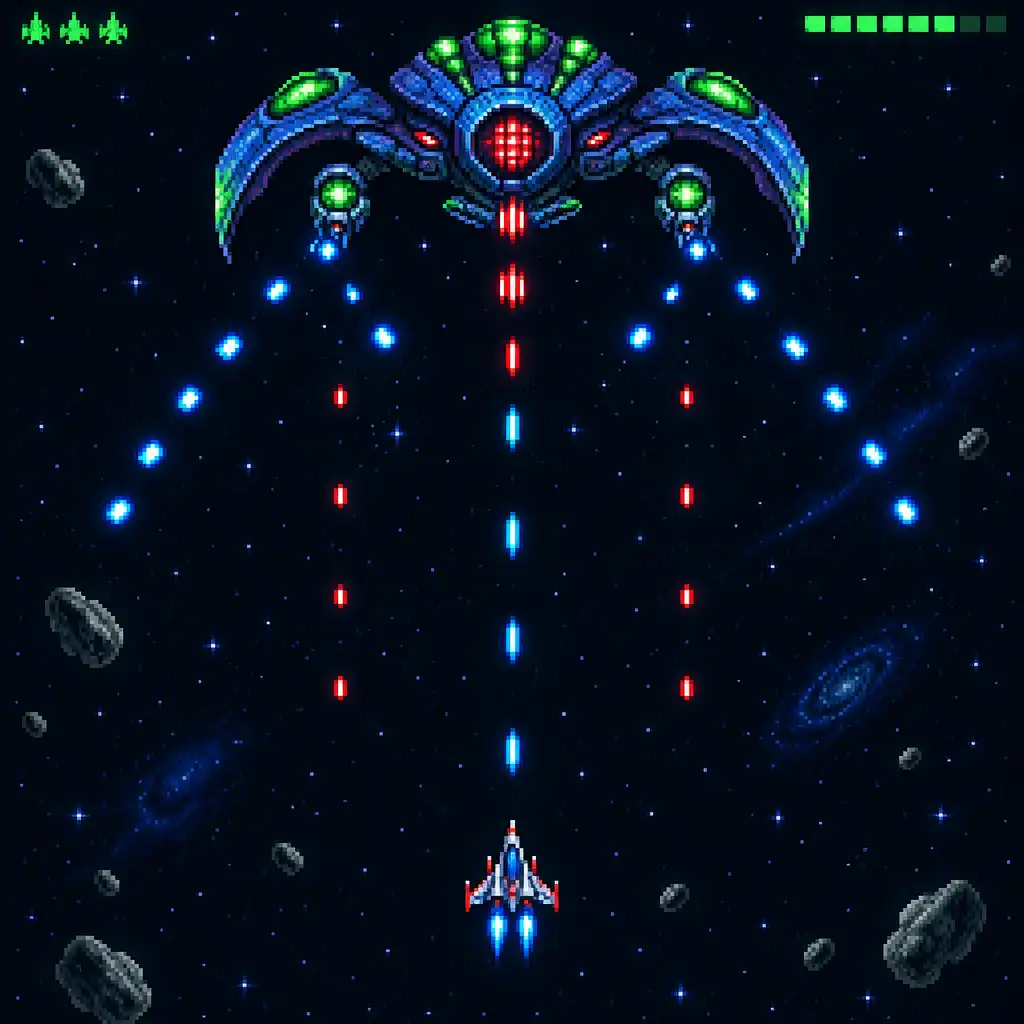Portrait Galaga Wars gameplay showing a large boss-like alien above the player ship.