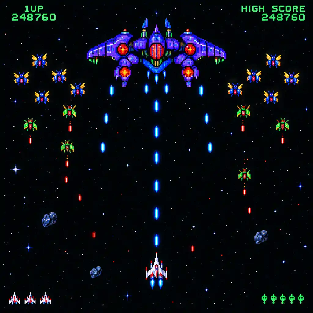 A large alien threat and smaller dangers create pressure around a player ship.