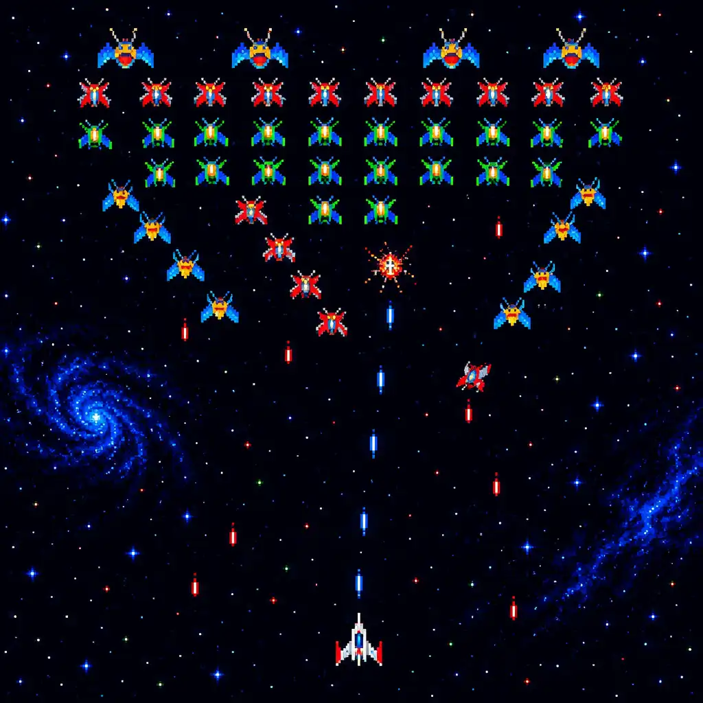 Galaga Wars gameplay during a crowded wave with formations, projectiles and open movement lanes.