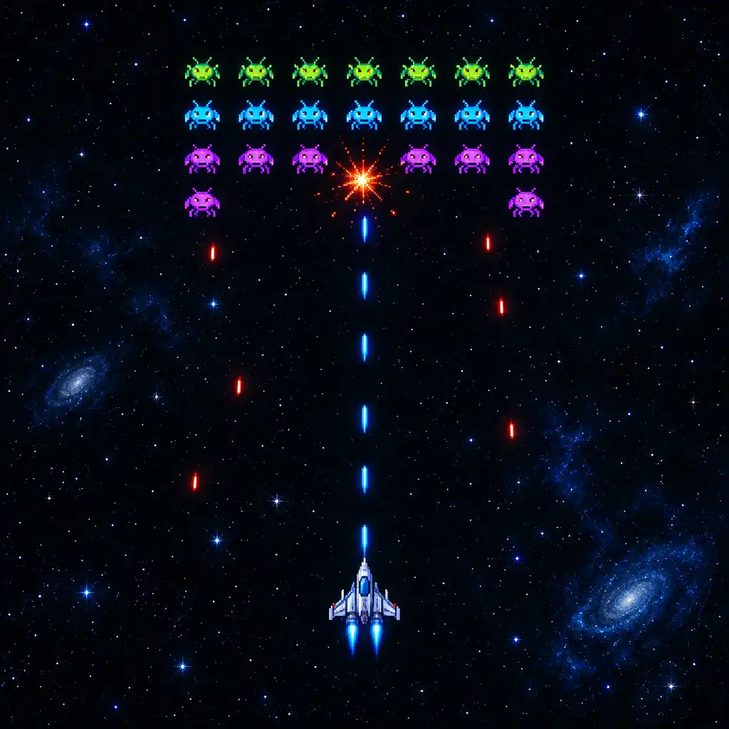Gameplay scene showing a starfighter beneath organised alien formations and visible projectile lanes.