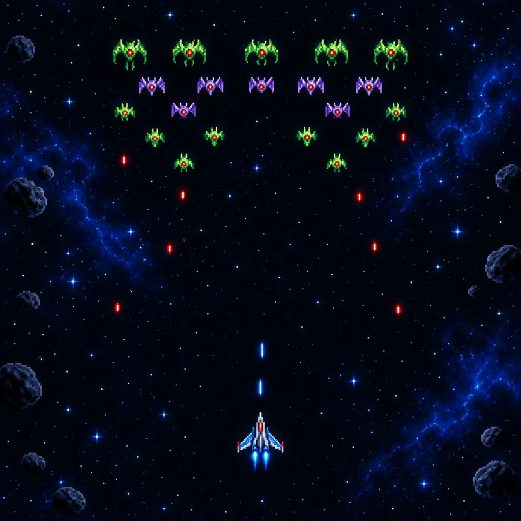 A starfighter navigates visible gaps between glowing projectile lanes beneath a staggered alien formation.