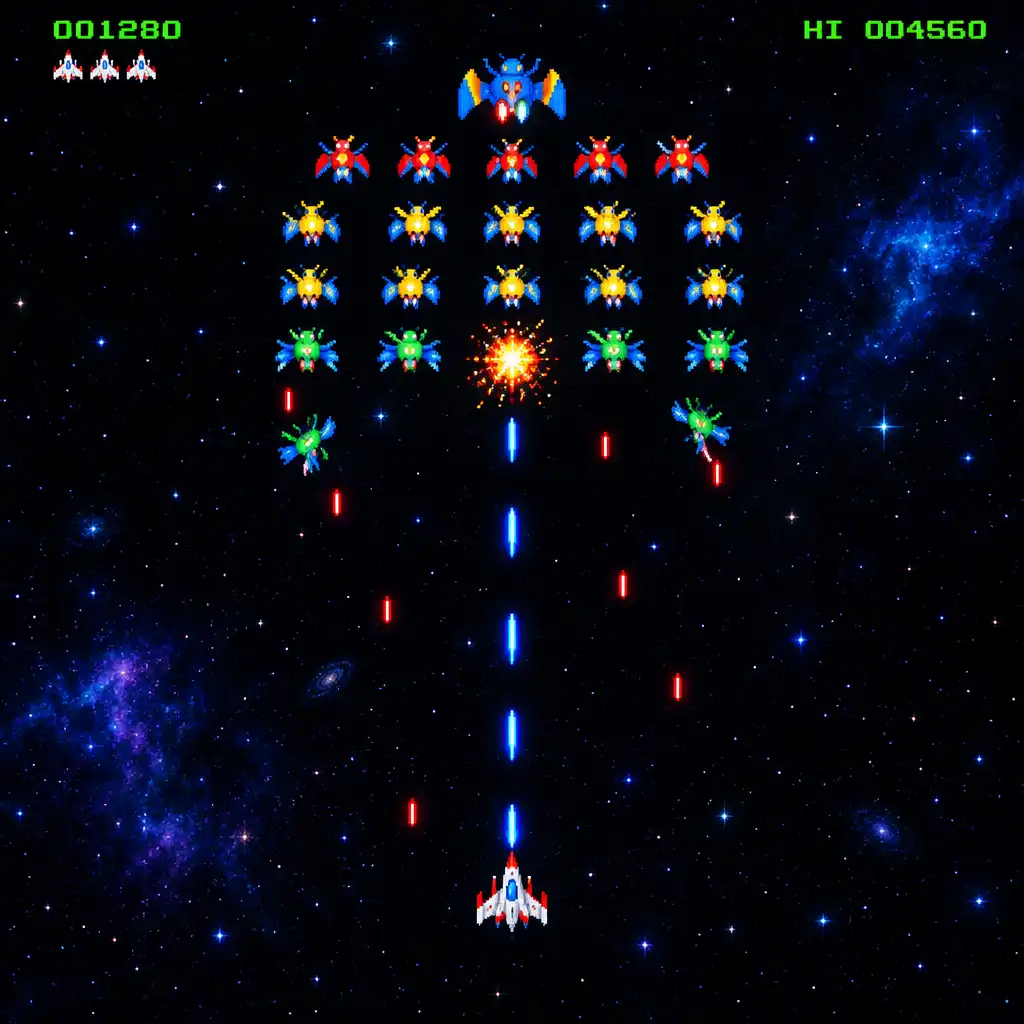 Galaga Wars gameplay showing a player ship firing upward at an organised alien formation.