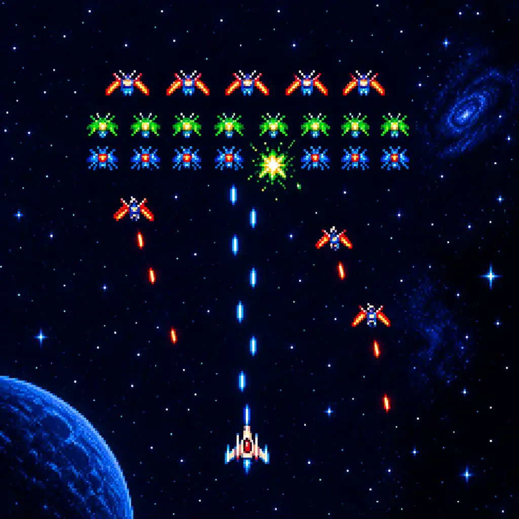 A player ship firing upward at alien formations in a retro arcade space battle.