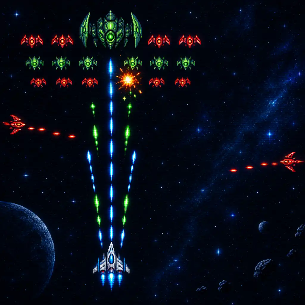 A player ship projects several streams of fire towards layered alien formations.